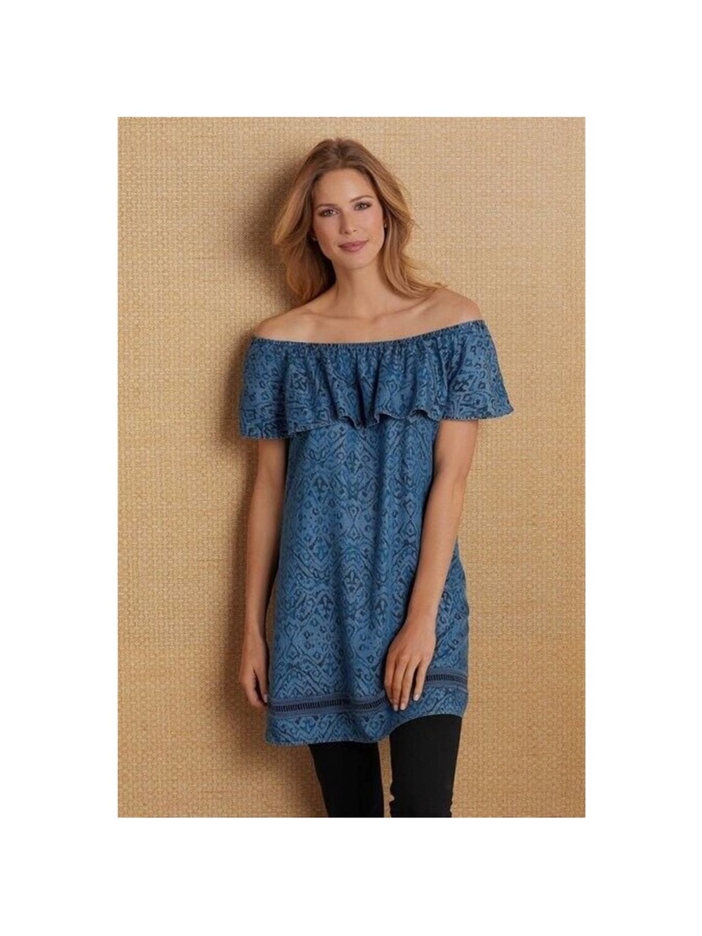 Soft Surroundings Blue Ikat Print Off The Shoulder Dress Womans Size‎ large